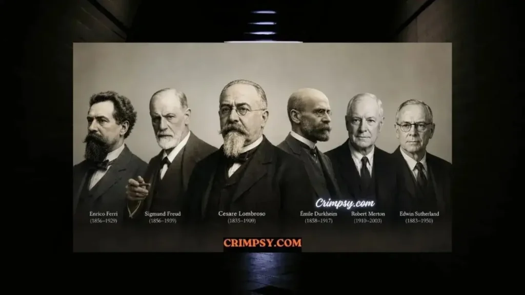 Founders of Criminology: Academic portrait featuring Cesare Lombroso, Enrico Ferri, Sigmund Freud, Émile Durkheim, Robert Merton, and Edwin Sutherland