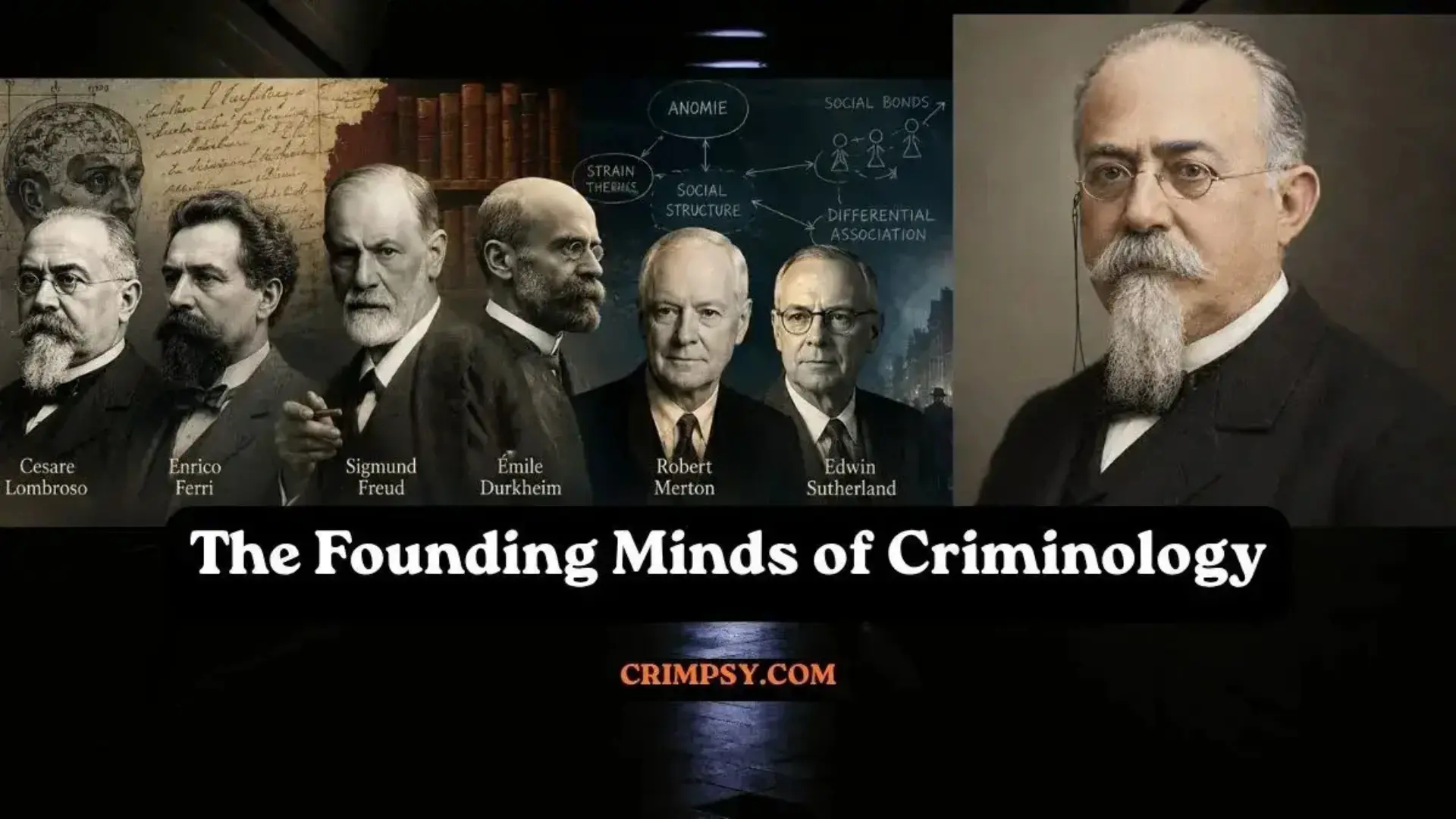 The founding minds of criminology featuring Cesare Lombroso and major theorists who transformed the study of crime
