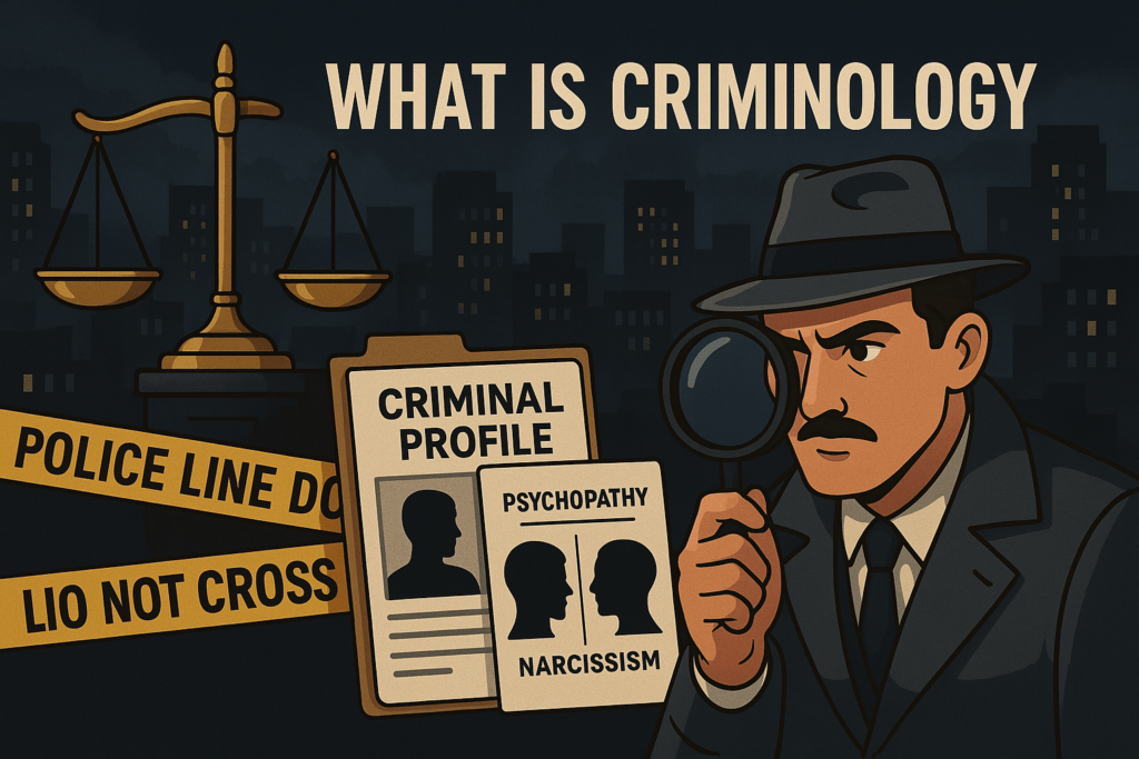 A digital illustration showing a detective examining criminal profiles, the Scales of Justice, and a city skyline at night, symbolizing the study of criminology.