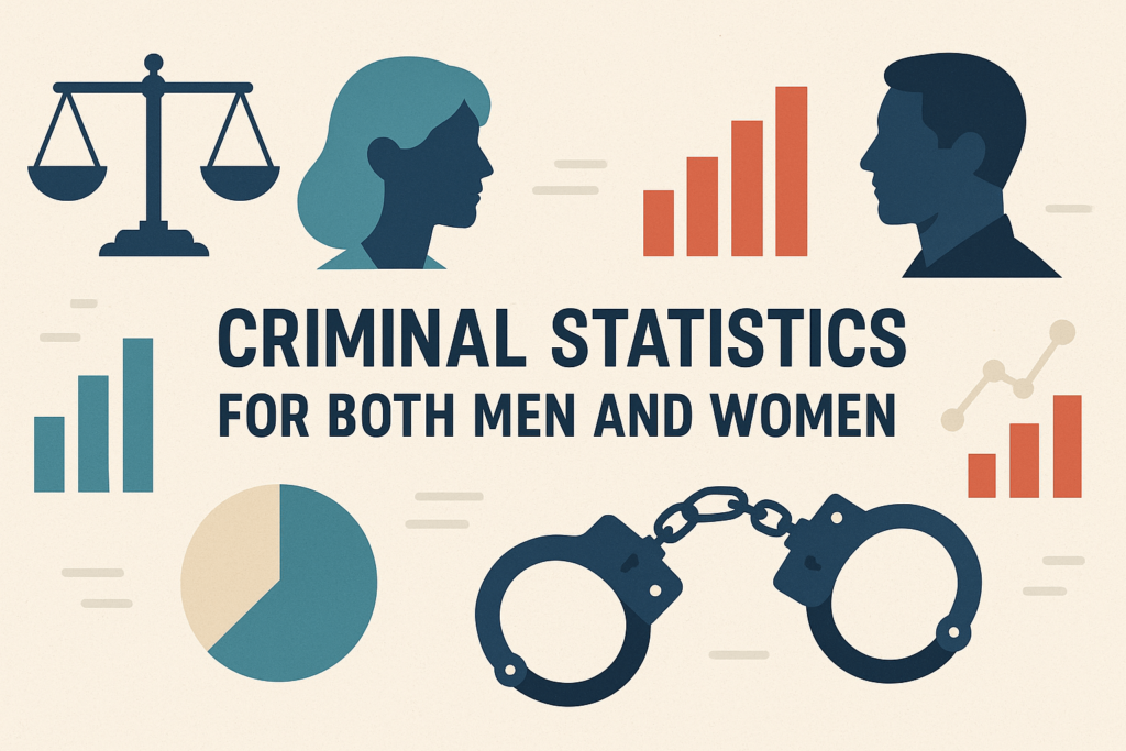 A wide digital illustration showing symbolic male and female figures, crime-related icons, and statistical charts, representing criminal statistics for both men and women.
