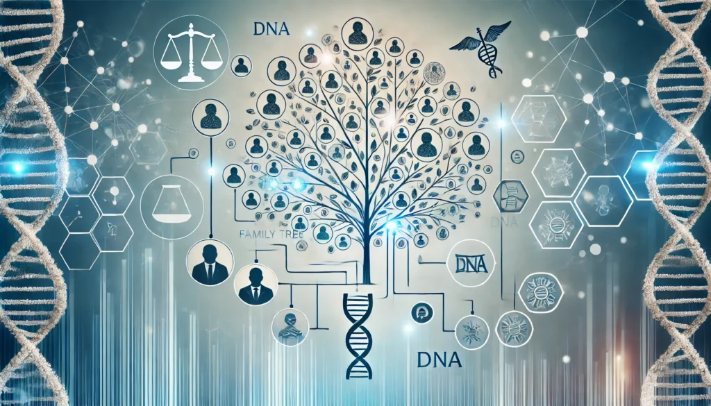 A family tree chart combined with DNA strands, illustrating the connection between genealogy and genetics.