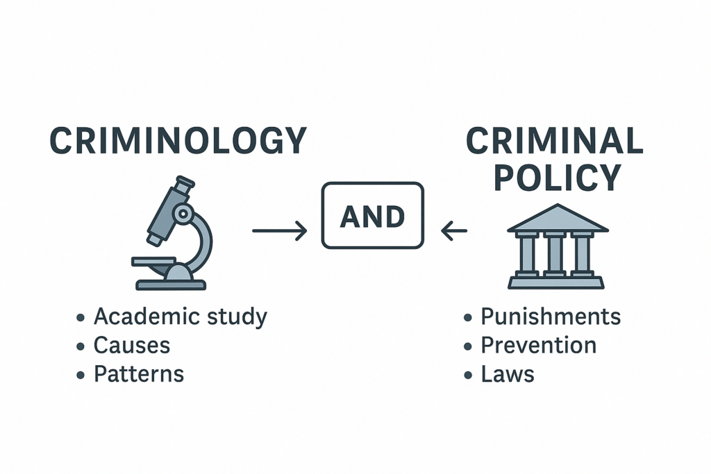 "A flat-design digital illustration diagram with a white background showing the relationship between criminology and criminal policy. On the left, a microscope icon represents criminology with the terms 'Academic study', 'Causes', and 'Patterns'. On the right, a courthouse icon represents criminal policy with the terms 'Punishments', 'Prevention', and 'Laws'. In the center, a rectangular box labeled 'AND' connects the two concepts with arrows pointing in both directions.