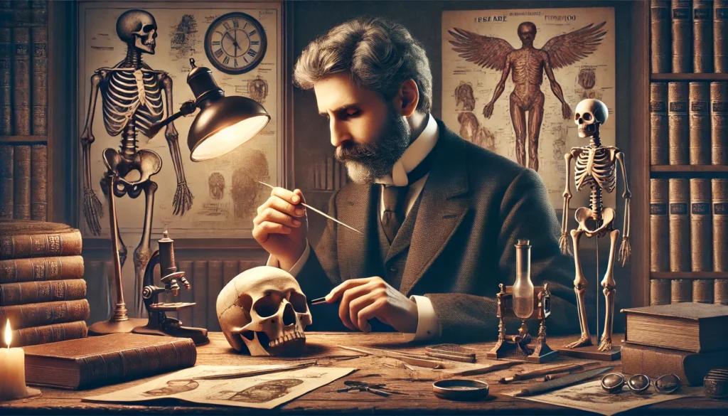 Cesare Lombroso examining a skull in his study