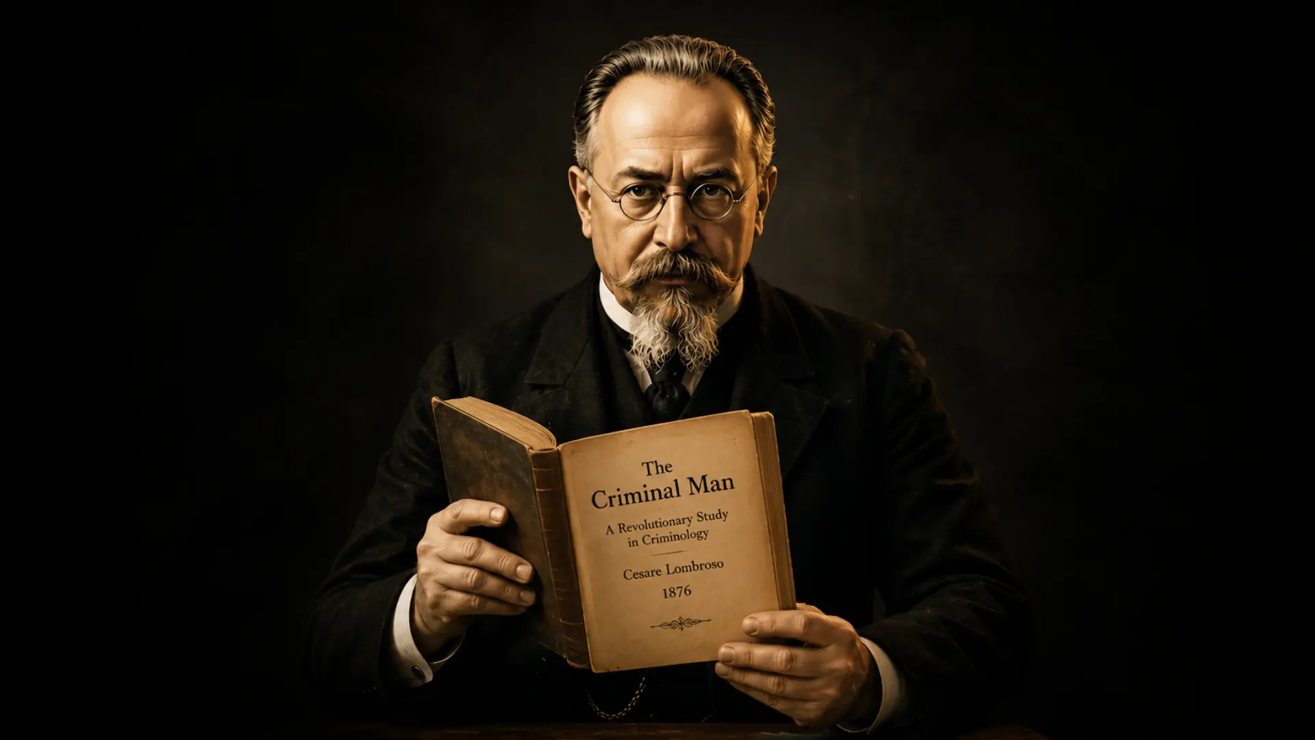 A dramatic portrait of Cesare Lombroso holding an open copy of The Criminal Man against a dark background, illuminated by warm cinematic lighting.