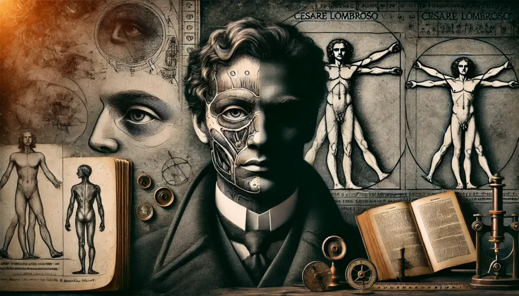 A captivating representation of The Criminal Man with dramatic lighting, mysterious figures, and historical criminology elements.