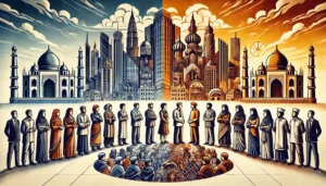 Symbolic representation of Cultural Conflict Theory with a justice scale and divided cultural groups.