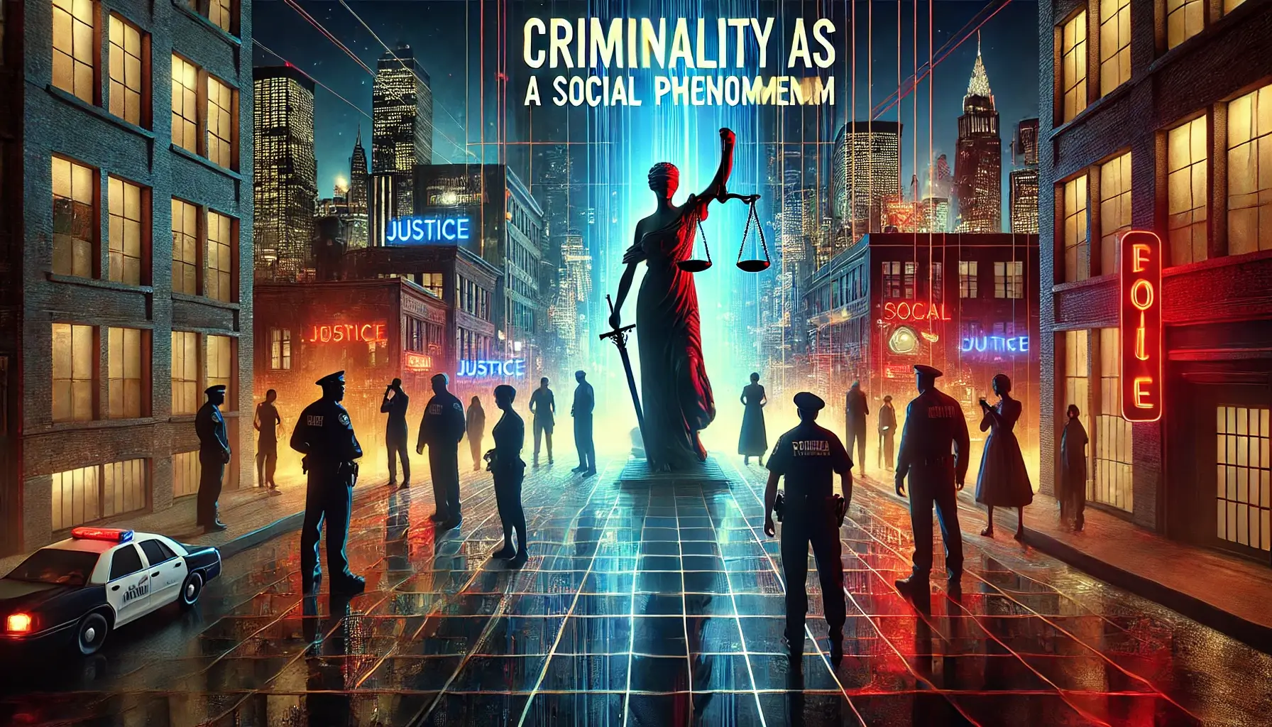 A conceptual digital artwork depicting criminality as a social phenomenon, showing an urban environment with figures representing law enforcement, justice, and social inequality.
