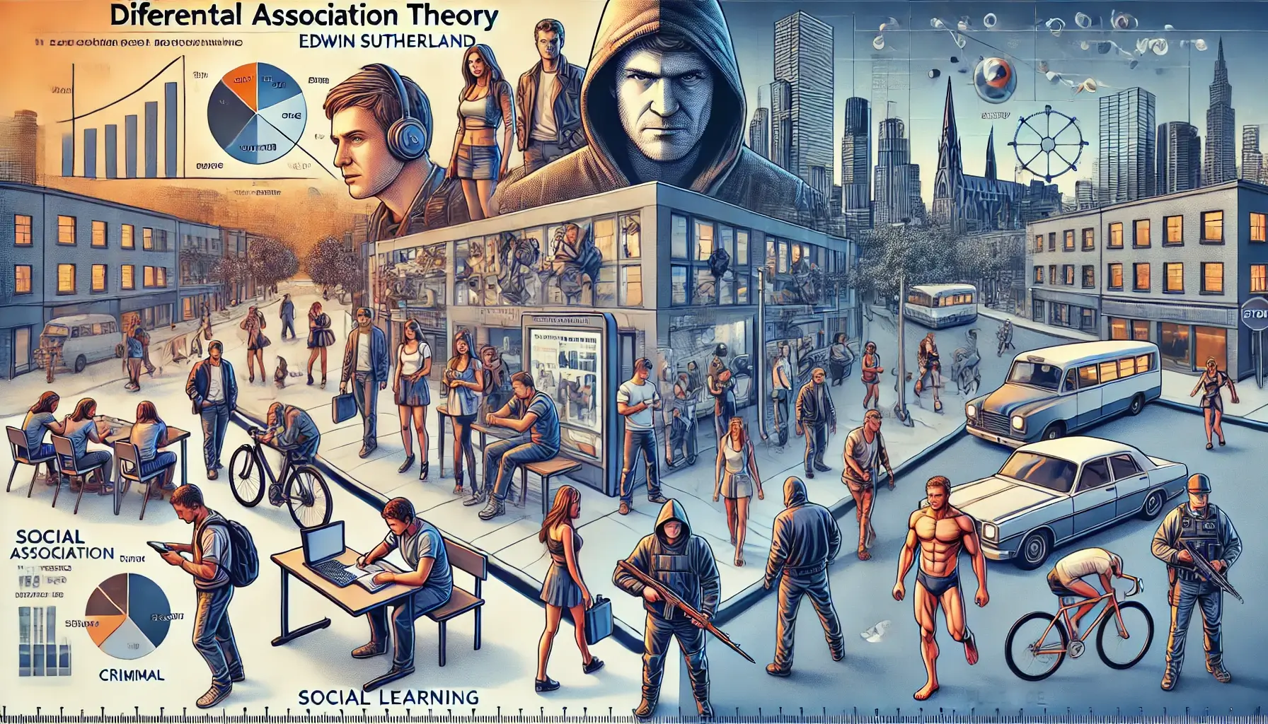 A conceptual digital illustration depicting Edwin Sutherland and Differential Association Theory, showing the influence of social groups on criminal behavior.