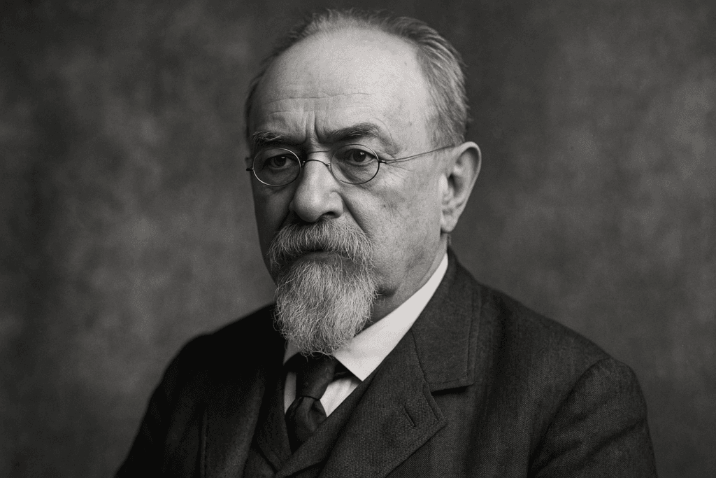 A realistic black-and-white portrait of Cesare Lombroso, featuring his distinctive facial features and intellectual expression, representing the origins of modern criminology. Portrait of Cesare Lombroso, the father of criminology