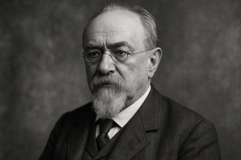 A realistic black-and-white portrait of Cesare Lombroso, featuring his distinctive facial features and intellectual expression, representing the origins of modern criminology. Portrait of Cesare Lombroso, the father of criminology