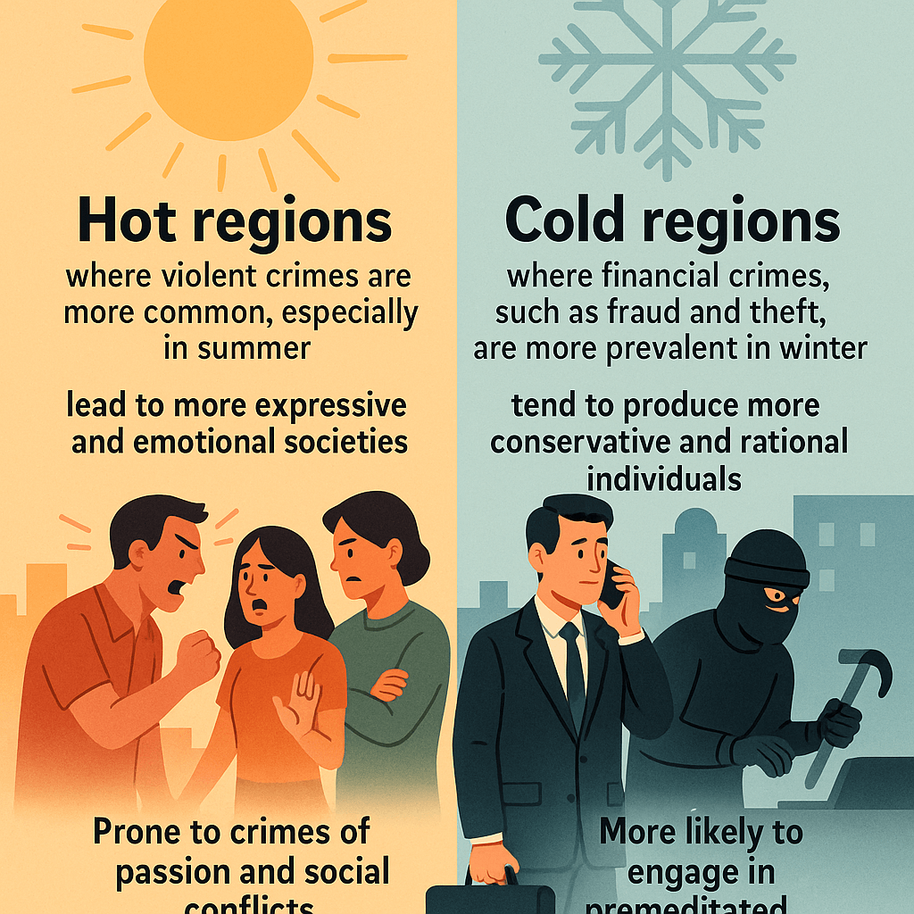 Infographic comparing hot and cold climate regions in terms of crime types and social behavior; warm regions linked to emotional, violent crimes like crimes of passion, while cold regions are associated with calculated financial crimes like fraud and theft.