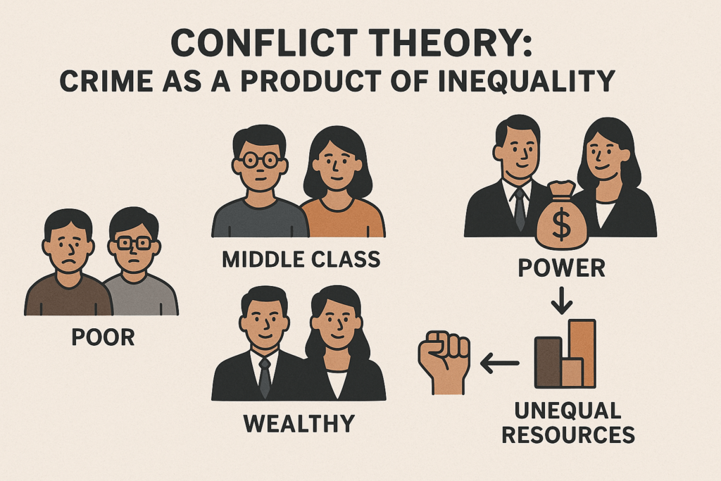 A 2D infographic illustrating Conflict Theory in criminology, featuring cartoon-style social classes and visual elements that highlight how power imbalance and resource inequality contribute to criminal behavior.