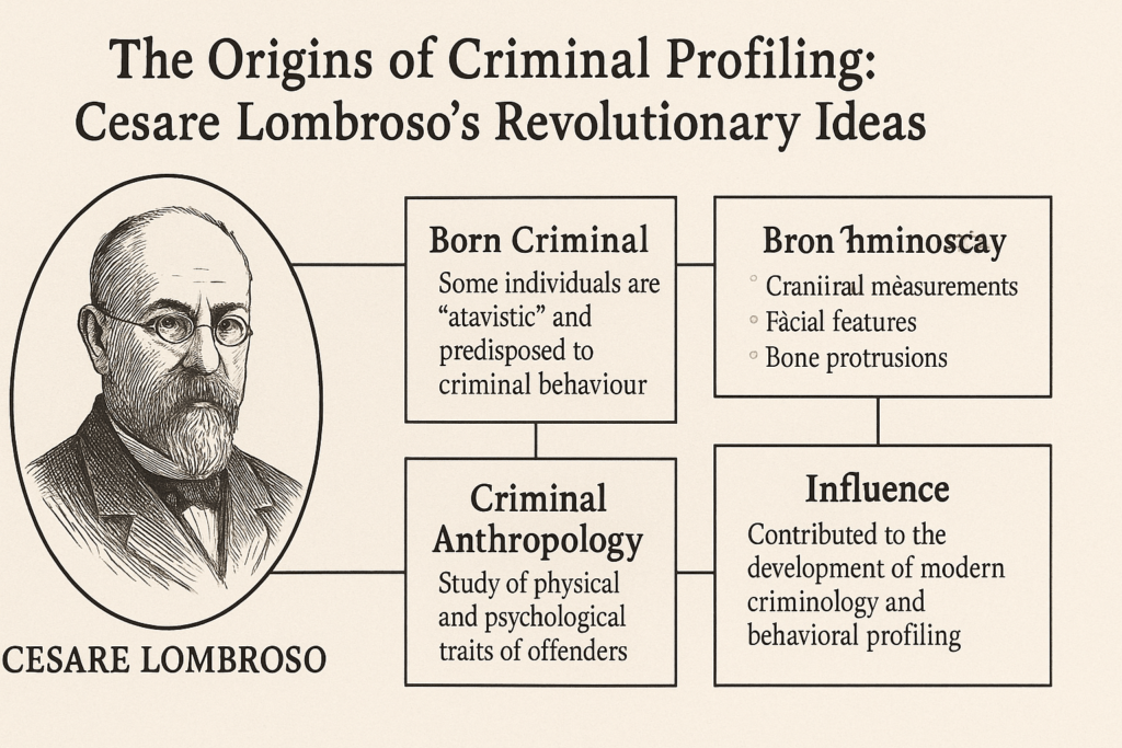 A horizontal academic-style infographic illustrating Cesare Lombroso's pioneering role in criminal profiling. The graphic features a portrait of Lombroso, key concepts like the “born criminal,” anatomical observations, and his scientific approach to criminology.