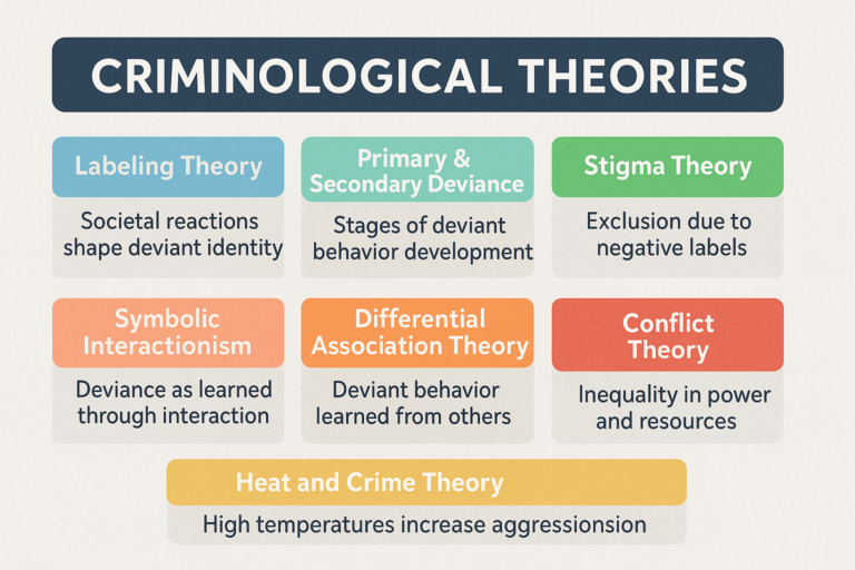 A horizontal 2D infographic presenting seven major criminological theories — Labeling Theory, Primary & Secondary Deviance, Stigma Theory, Symbolic Interactionism, Differential Association, Conflict Theory, and Heat and Crime Theory — with icons and brief summaries of their core concepts and key figures.