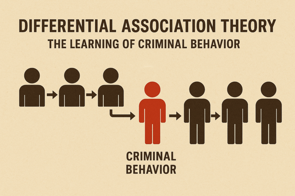 A horizontal infographic illustrating Differential Association Theory. It features a sequence of simple human figures connected by arrows, showing how criminal behavior is learned through interactions. A red-colored figure in the middle symbolizes the adoption of criminal behavior, influenced by surrounding black figures representing peer associations. The flow visually depicts the transmission of deviant behavior across individuals.