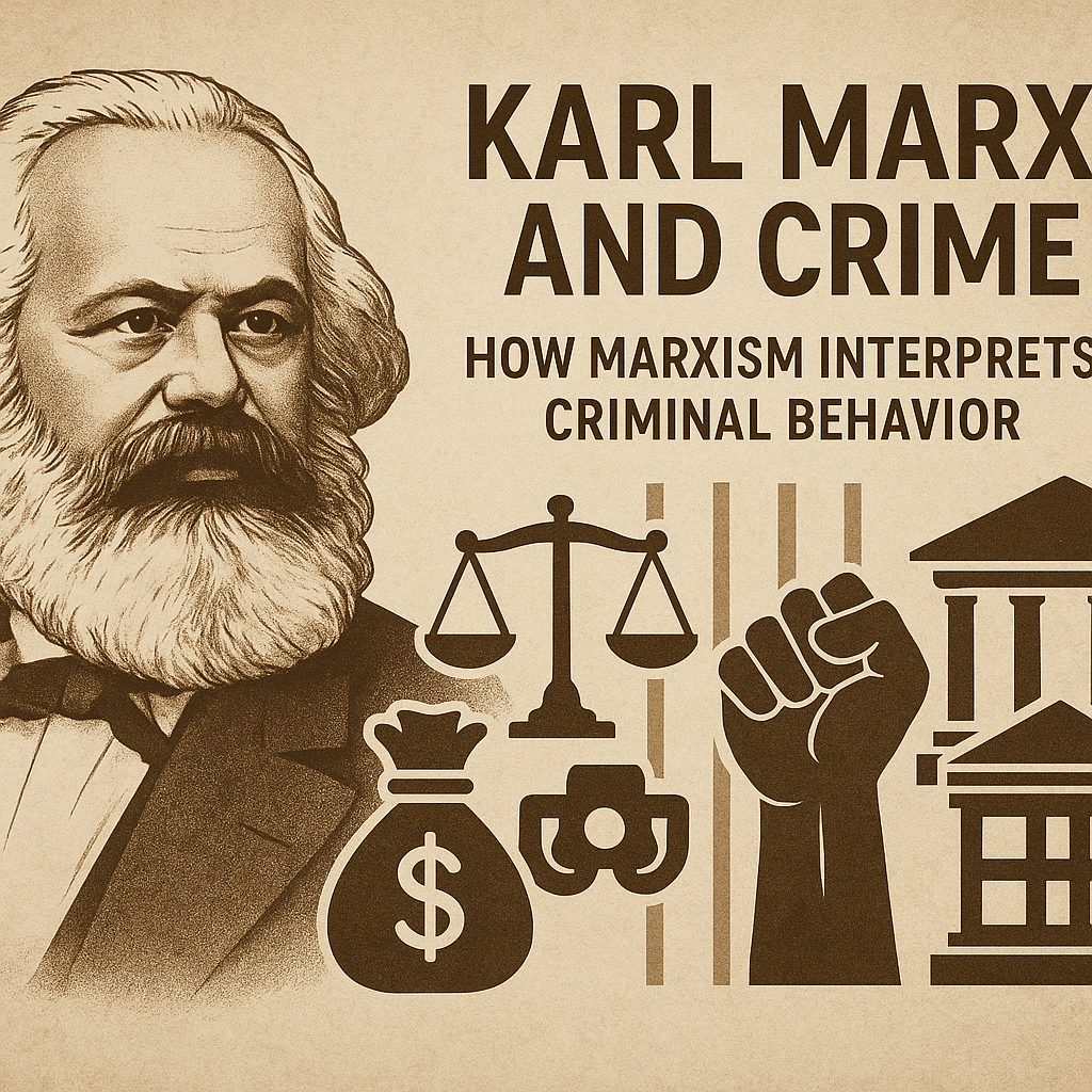 A horizontal illustration featuring Karl Marx alongside symbols of justice, inequality, and rebellion, visually expressing the connection between Marxist theory and criminology.