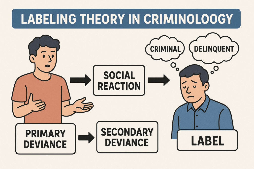 A horizontal educational graphic illustrating Labeling Theory in criminology. It features a flowchart with two illustrated individuals: one on the left labeled "Primary Deviance" and another on the right labeled "Secondary Deviance." Arrows and text boxes between them show the process of societal reaction, labeling, and identity transformation, explaining how social labeling can influence continued deviant behavior.