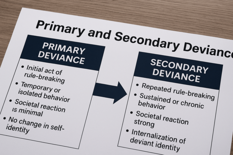 An educational chart comparing primary and secondary deviance, showing key differences such as rule-breaking behavior, societal reaction, and identity change.