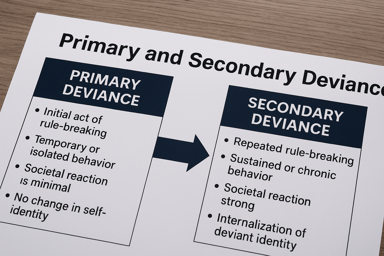 An educational chart comparing primary and secondary deviance, showing key differences such as rule-breaking behavior, societal reaction, and identity change.