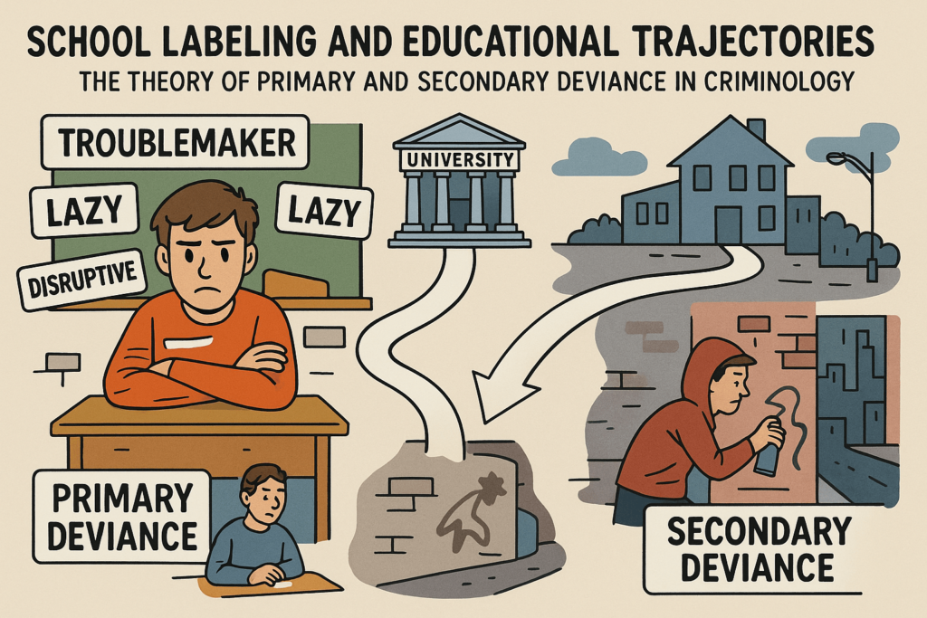 An educational infographic illustrating the concept of school labeling and its influence on students' educational paths. A sad student is labeled with words like "lazy," "troublemaker," and "disruptive." Two diverging paths stem from him: one leading to a university (success), the other to graffiti and delinquency (secondary deviance). The image represents the theory of primary and secondary deviance in criminology.