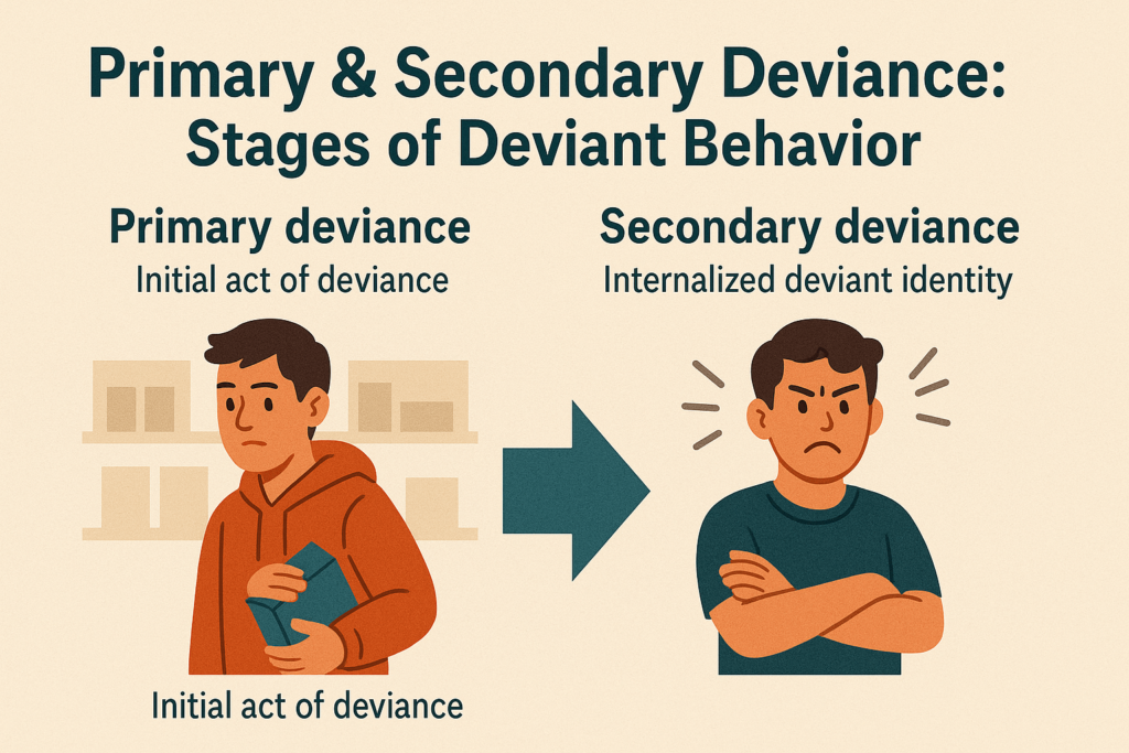 Educational illustration showing the progression from primary deviance — a first deviant act without adopting a deviant label — to secondary deviance, where an individual internalizes the deviant identity due to societal reactions.