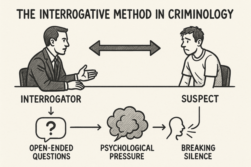 A 2D digital illustration depicting key elements of criminological research methods, including a line chart, pie chart, question mark, lightbulb symbolizing ideas, an open book, and a minimalist image of "The Thinker," all under the title "Statistical and Interrogative Methods in Criminology: Analysis, Theories, and Thinkers."