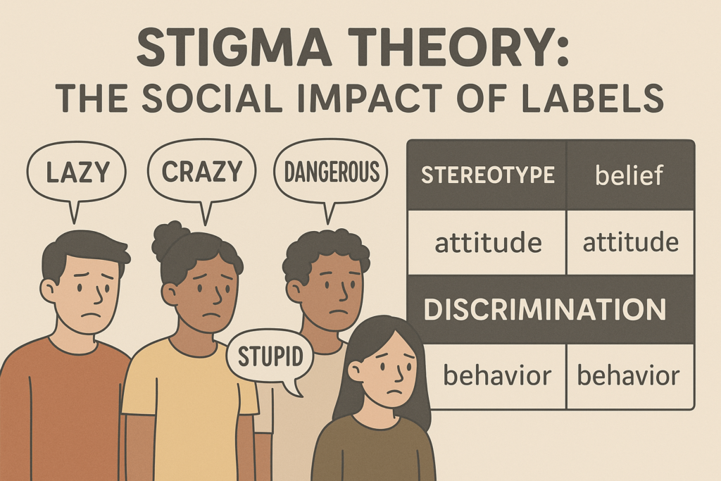 A 2D educational illustration showing diverse individuals with speech bubbles containing negative labels, and a labeled table explaining the progression from stereotype (belief), to prejudice (attitude), to discrimination (behavior), visually representing the social impact of stigma.
