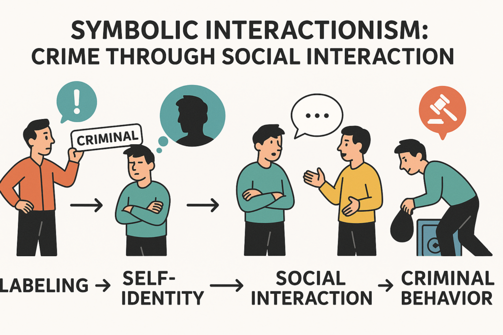 A horizontal educational illustration depicting the theory of symbolic interactionism in relation to crime. The image shows four stages: labeling (a person being called "criminal"), self-identity (the person internalizing the label), social interaction (discussing or reacting to the label in society), and criminal behavior (the person committing a crime), using simple human figures and symbolic icons.