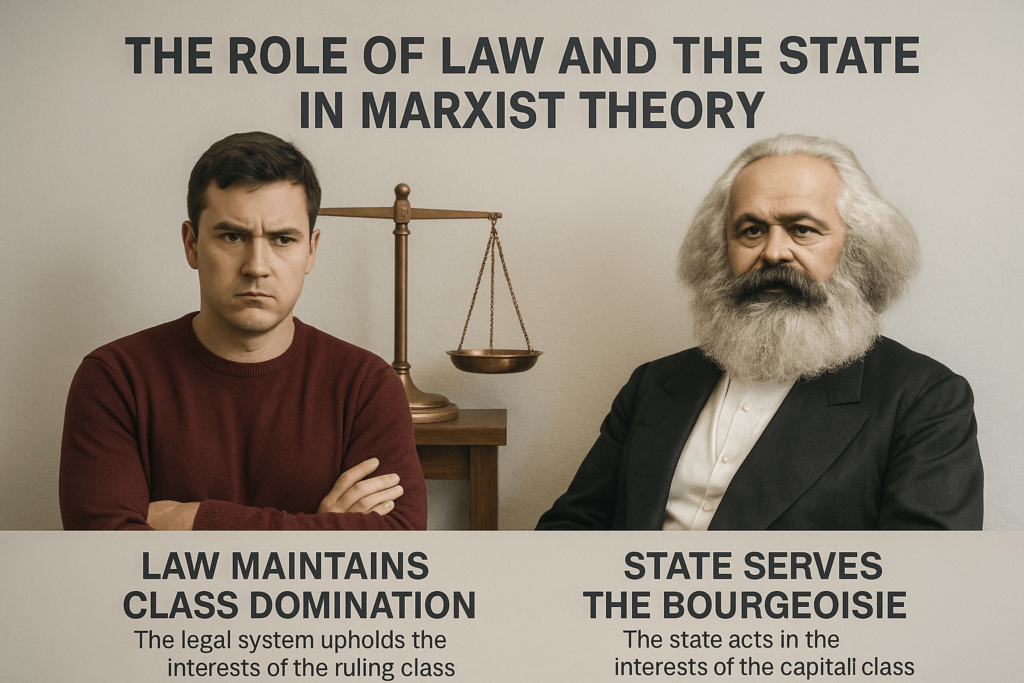 A realistic photo-style image illustrating Marxist theory: on the left, a young man in a burgundy sweater stands beside a symbolic scale of justice, representing how law enforces class dominance; on the right, Karl Marx appears in front of a government building, symbolizing the state serving capitalist interests.