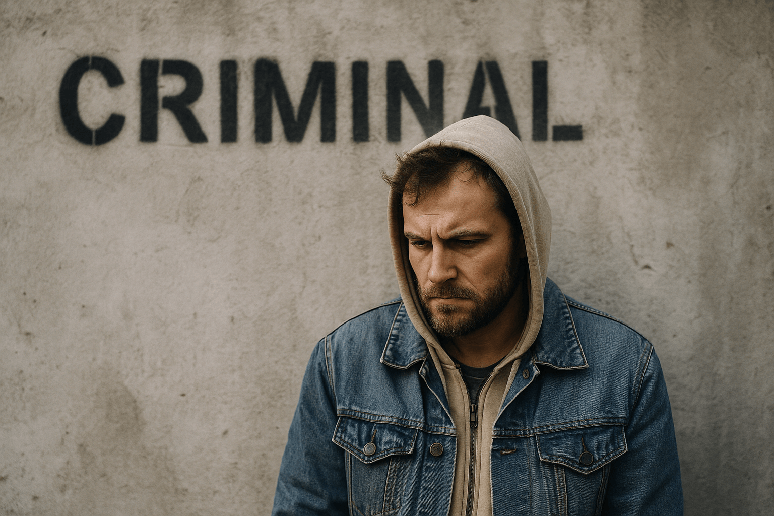 A troubled man stands against a wall with the word "CRIMINAL" spray-painted behind him, symbolizing the impact of social stigma and labeling in criminology.