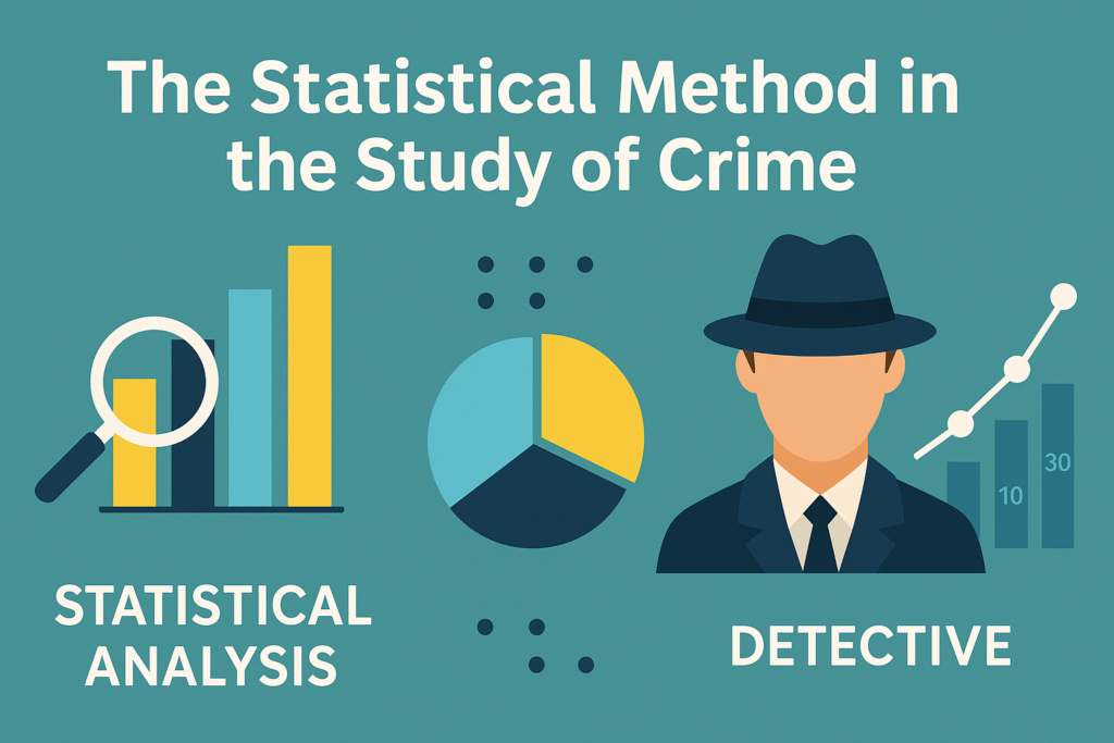 An infographic showing the statistical method in crime studies. It includes a bar graph with a magnifying glass labeled "Statistical Analysis," a pie chart, a detective in a suit and hat, and a line graph with numeric values. The design uses teal, yellow, dark blue, and light blue colors for a modern academic look.