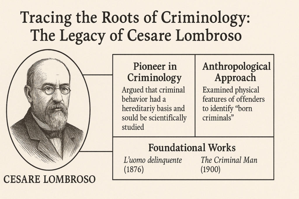 A sepia-toned infographic on Cesare Lombroso’s contributions to criminology, showing his portrait alongside text boxes highlighting his anthropological theories, belief in hereditary criminal traits, and major works like “L’uomo delinquente” and “The Criminal Man.