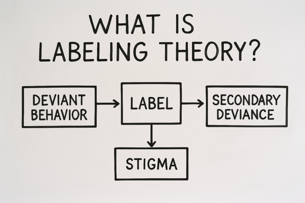 A horizontal diagram on a whiteboard illustrating labeling theory, showing the process from deviant behavior to labeling, stigma, and secondary deviance, with bold black text in boxes connected by arrows.