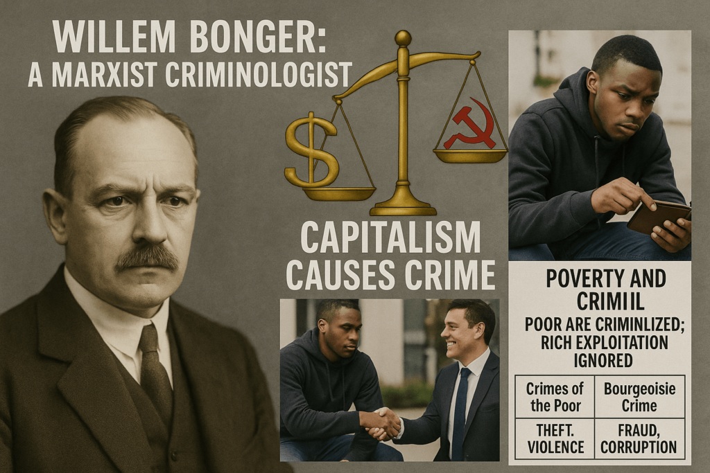 A composite educational image featuring a historical portrait of Willem Bonger alongside symbolic visuals of capitalism, justice, and class struggle. The image includes text boxes explaining Bonger's Marxist criminological theories, such as the connection between poverty and crime, and a comparison of crimes by the poor versus the bourgeoisie in capitalist societies.