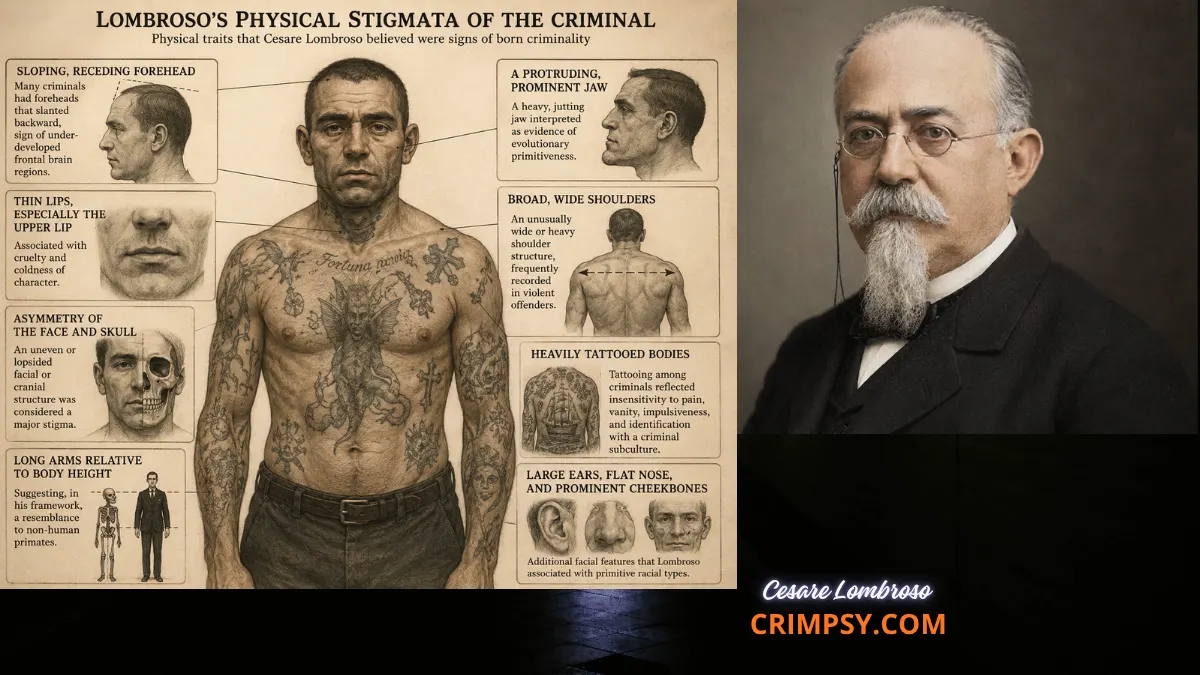 Illustration showing Cesare Lombroso’s theory of criminal stigmata with anatomical traits he associated with born criminals alongside a portrait of Lombroso.