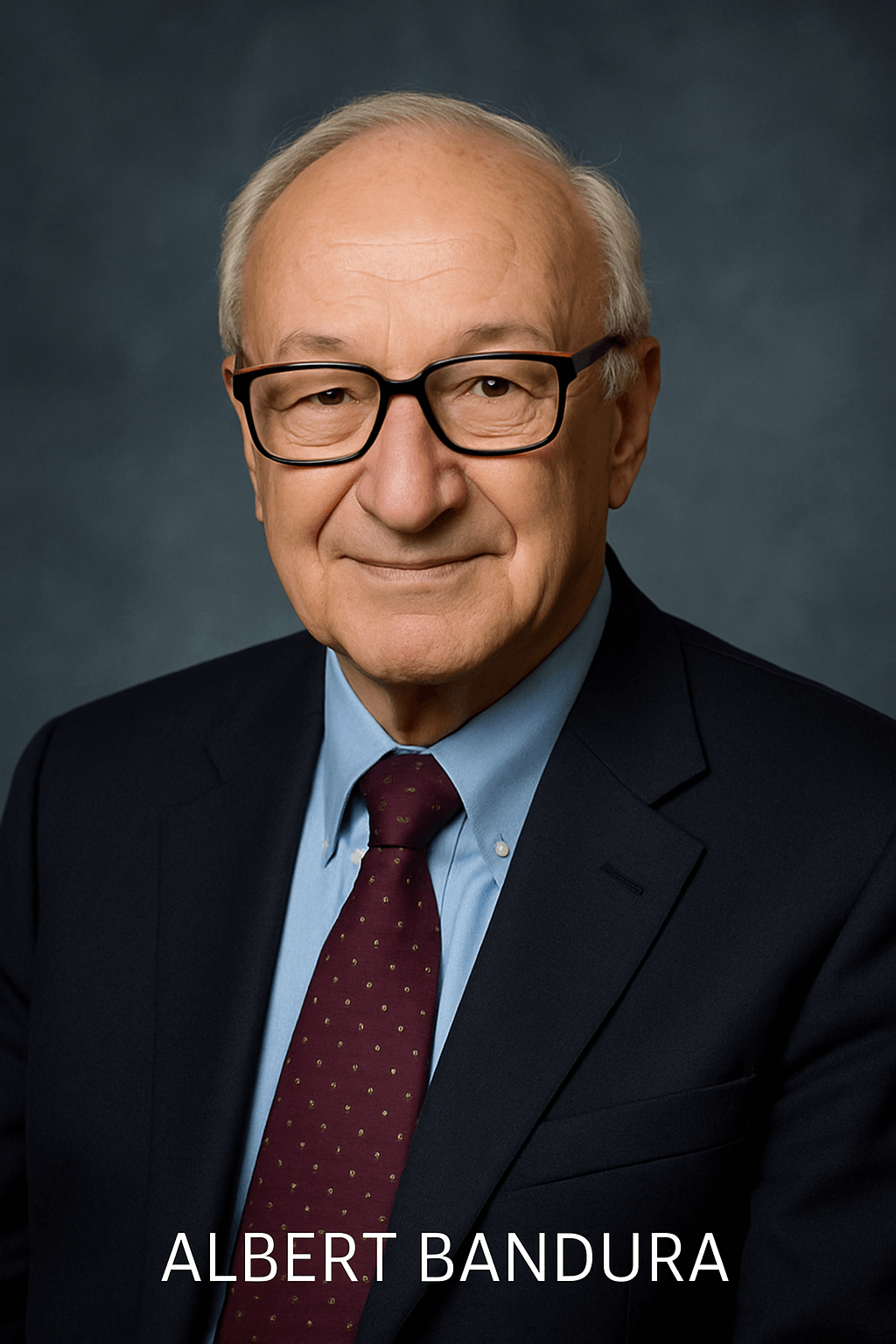 A professional academic portrait of Albert Bandura, featuring him in a dark suit, light blue shirt, and burgundy tie, with glasses and a calm, confident expression, posed against a blue-gray background.