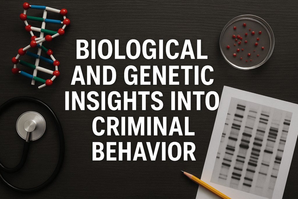 A digital photograph displays the phrase "BIOLOGICAL THEORIES" with a background image of a DNA helix, brain scan, and symbolic icons representing genetics and neuroscience in criminology.