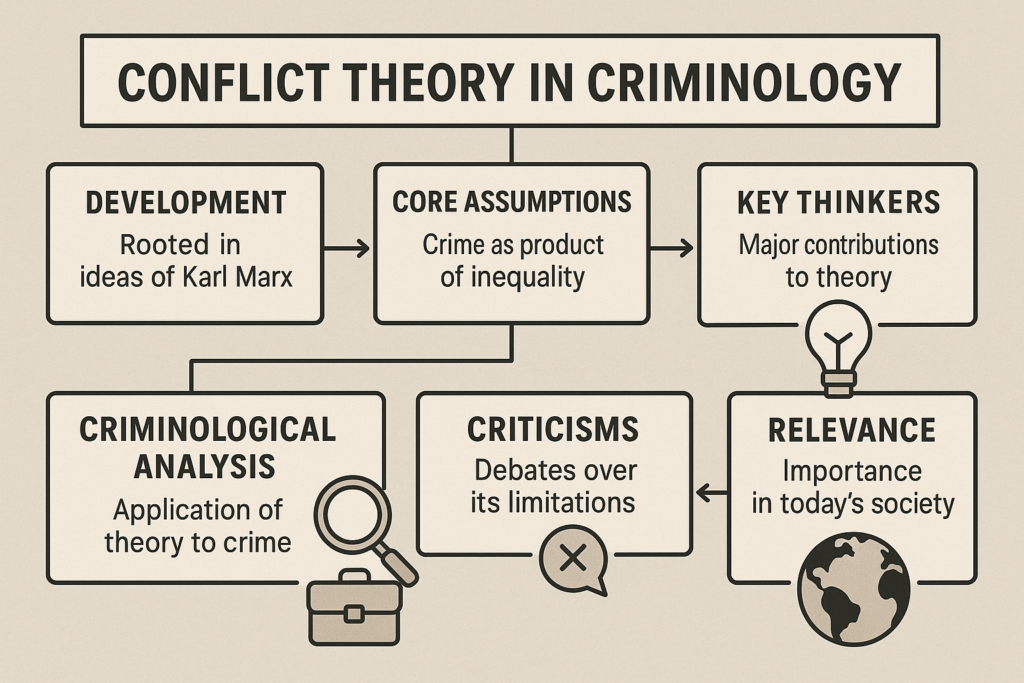 A horizontal infographic illustrating Conflict Theory in Criminology. It includes labeled boxes connected by arrows: "Development" (rooted in ideas of Karl Marx), "Core Assumptions" (crime as product of inequality), "Key Thinkers" (major contributions), "Criminological Analysis" (application of theory to crime), "Criticisms" (debates over its limitations), and "Relevance" (importance in today’s society), each with relevant icons.