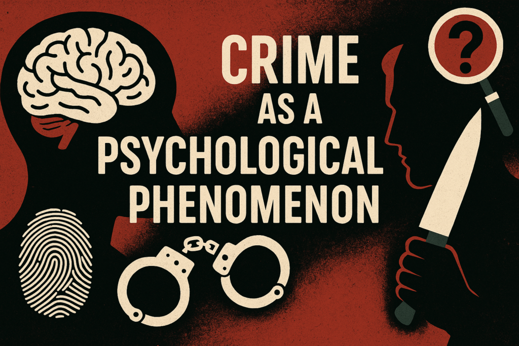 A conceptual illustration showing a human head with a brain, a shadowy figure holding a knife, a fingerprint, handcuffs, and a magnifying glass with a question mark, representing the psychological elements behind criminal behavior.