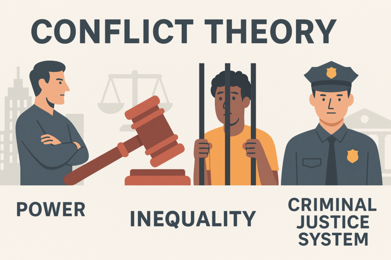 Illustration representing cultural conflict in criminology, highlighting opposing social forces and inequality, with symbolic references to Karl Marx's class struggle theory.