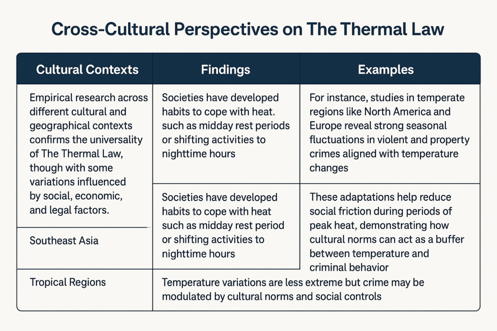 A horizontal chart comparing cross-cultural perspectives on The Thermal Law, showing how different regions like North America, Europe, Southeast Asia, and tropical areas adapt to heat and how these adaptations influence crime patterns.