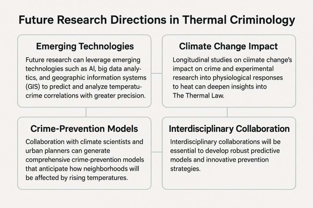 A n infographic showing four key areas for future research in thermal criminology: emerging technologies (AI, big data, GIS), climate change impact (longitudinal and physiological studies), crime-prevention models (collaboration with climate scientists and urban planners), and interdisciplinary collaboration for predictive modeling and prevention strategies.