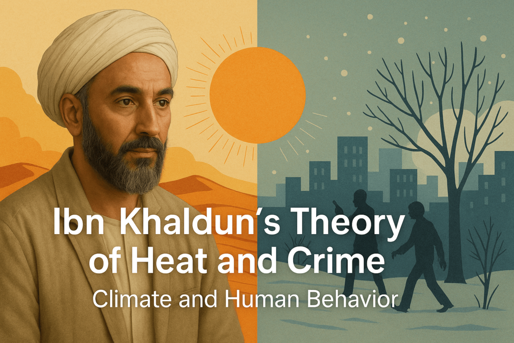 Digital illustration of Ibn Khaldun with contrasting summer and winter scenes reflecting his theory on heat and crime.