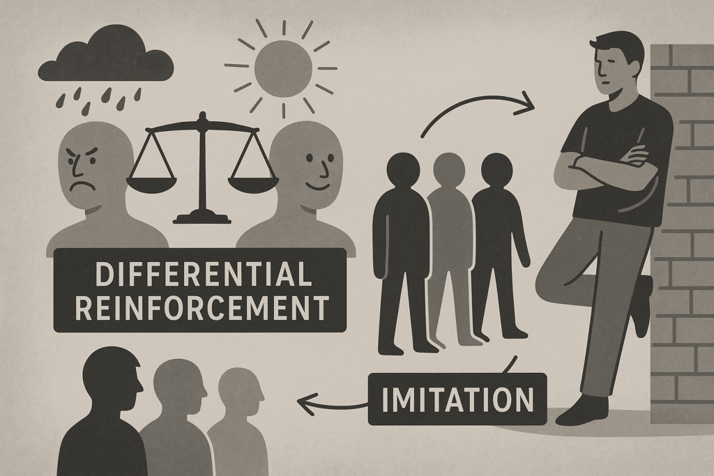 A conceptual illustration representing Ronald Akers’ integration of Social Learning Theory in criminology. On the left, a balance scale symbolizes differential reinforcement between social rewards and punishments, under contrasting weather icons (sun and rain) reflecting positive and negative outcomes. On the right, a group of shadowed figures imitates a confident individual leaning against a wall, illustrating the process of behavioral modeling and peer influence.