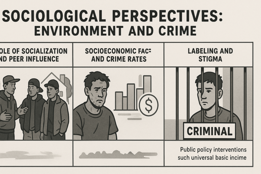 An illustrated horizontal infographic divided into three sections. The first section shows three young men talking, representing peer influence and socialization in crime. The second section features a distressed man with bar graphs and a dollar sign, symbolizing the link between socioeconomic hardship and crime. The third section depicts a man behind bars labeled "CRIMINAL," reflecting the effects of labeling and social stigma. The style is monochromatic, with a clear educational tone.