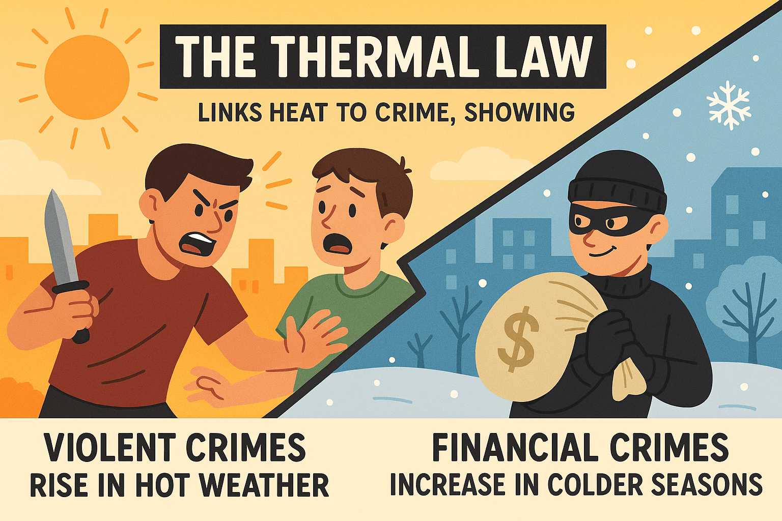 Infographic showing "The Thermal Law"—on the left, a violent confrontation under a hot sun represents the rise of violent crimes in hot weather; on the right, a masked thief carrying a money bag in a snowy cityscape symbolizes the increase of financial crimes in colder seasons.