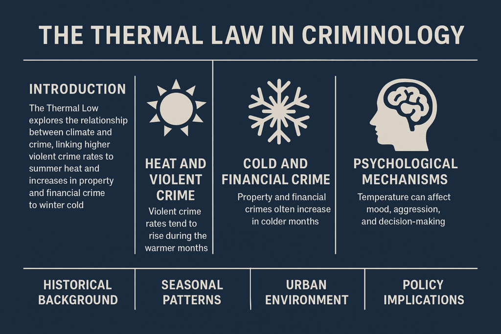 Infographic showing the link between hot weather and violent crime, cold weather and financial crime, with icons and summaries of key concepts.