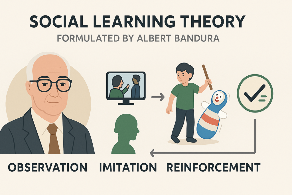 An educational horizontal illustration showing the key components of Social Learning Theory—observation, imitation, and reinforcement—applied to criminology, including figures representing youth, media influence, and behavioral modeling.