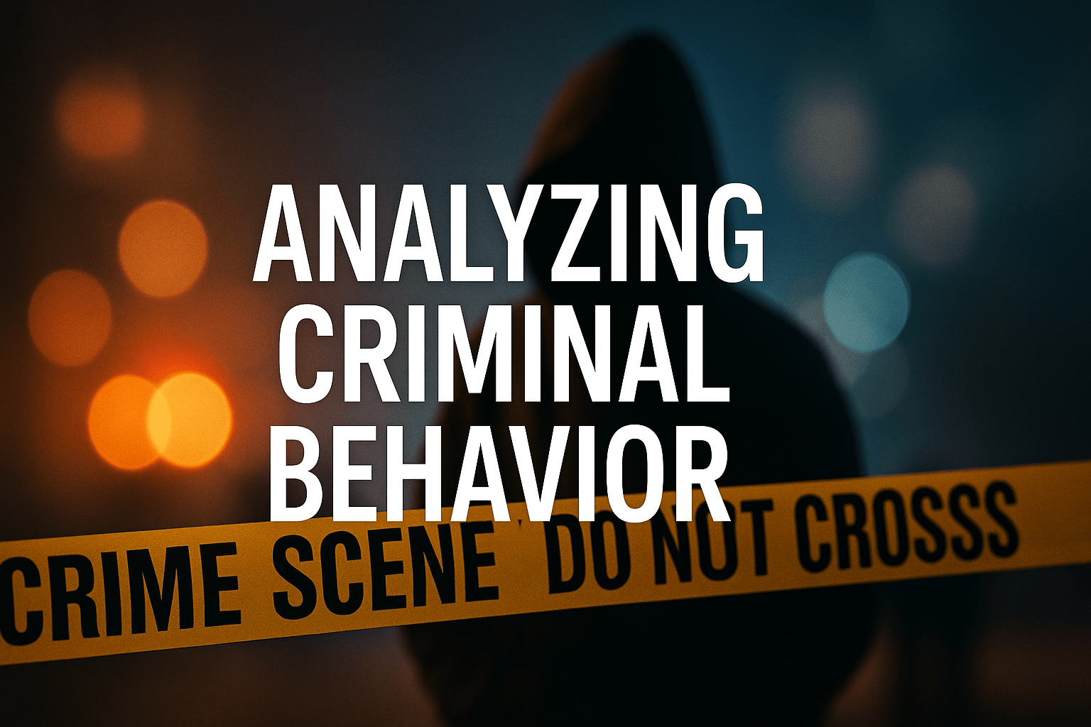 A horizontal image showing yellow crime scene tape with the words "CRIME SCENE DO NOT CROSS" and a shadowy figure in a hoodie behind it, overlaid with the bold title “Analyzing Criminal Behavior.”