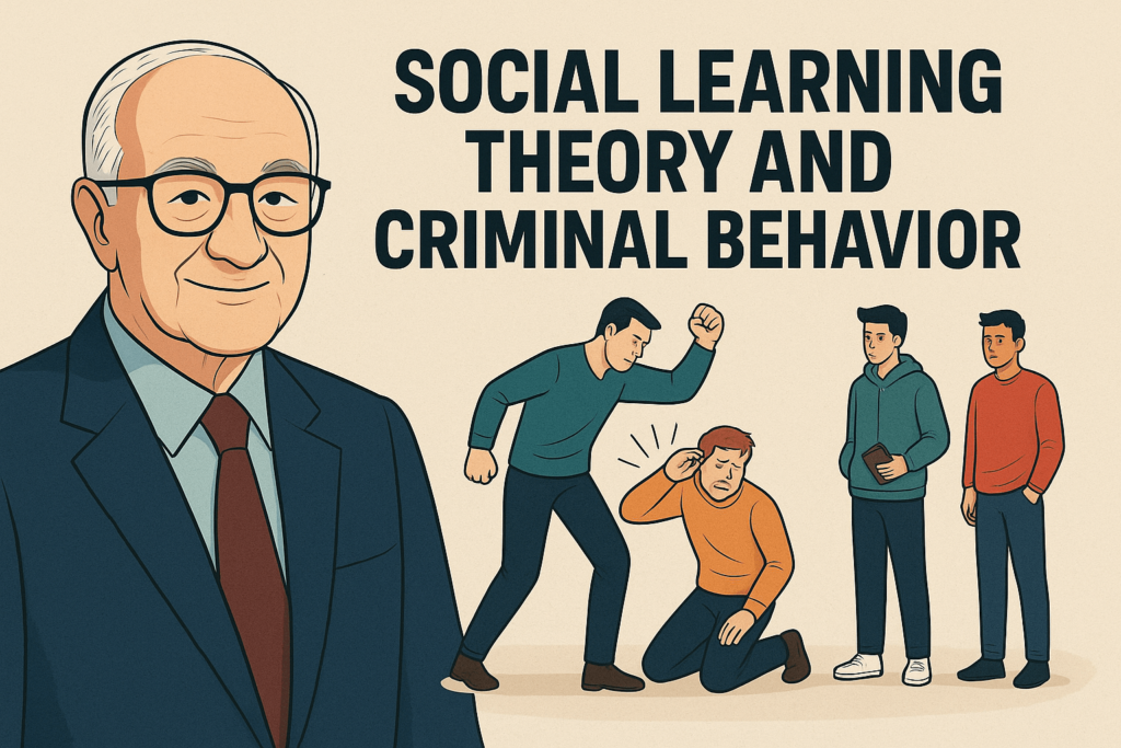 Illustration of Albert Bandura alongside a scene depicting a young man learning aggressive behavior by observing a violent act, representing the concept of Social Learning Theory in criminology.